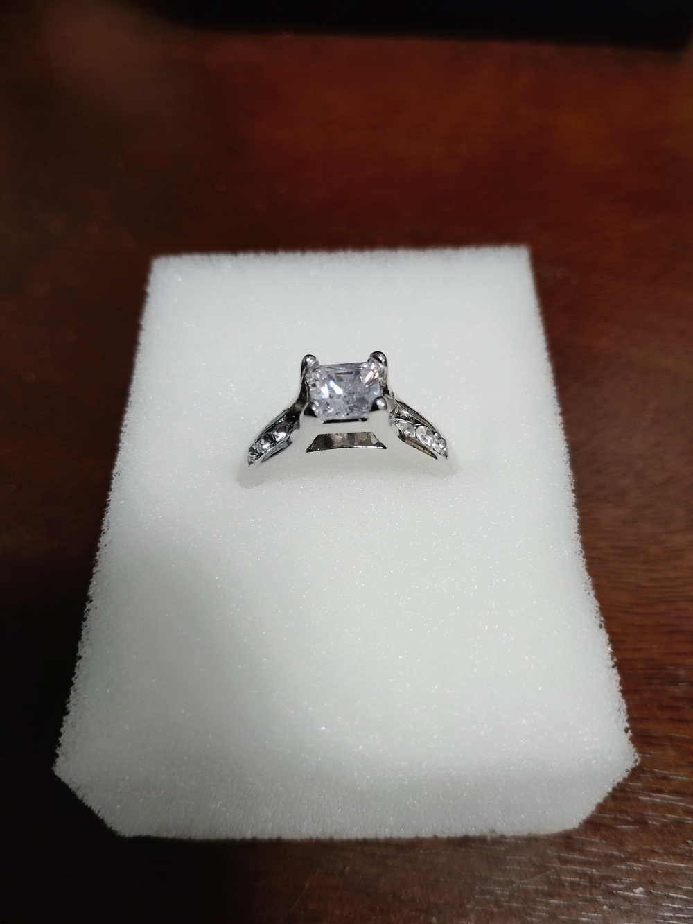 Sterling Silver Square-Cut Solitaire Ring with Accent Stones - White